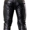 Back view of men’s black leather biker pants with quilted panels and rear zip
