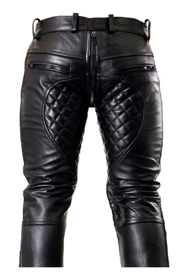 Back view of men’s black leather biker pants with quilted panels and rear zip