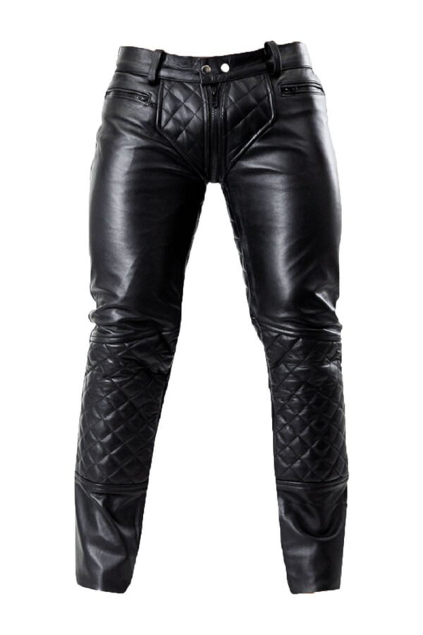 Front view of men’s black quilted leather biker pants with zip detail