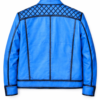 Men’s blue leather biker jacket back view with quilted upper panel