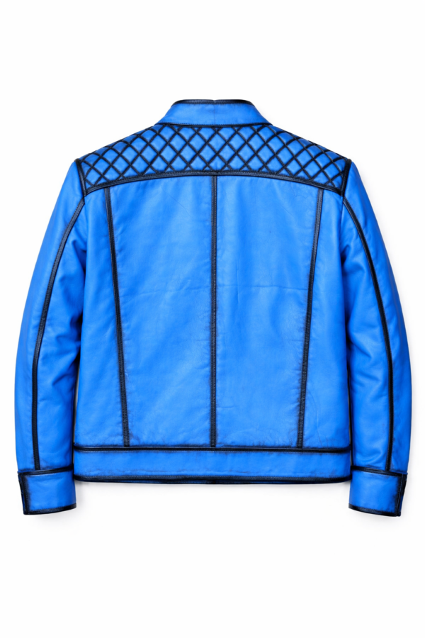 Men’s blue leather biker jacket back view with quilted upper panel