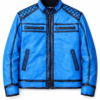 Men’s blue leather biker jacket front view with quilted shoulders and zip pockets