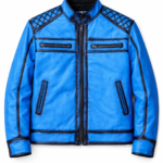 Men’s blue leather biker jacket front view with quilted shoulders and zip pockets