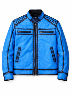 Men’s blue leather biker jacket front view with quilted shoulders and zip pockets