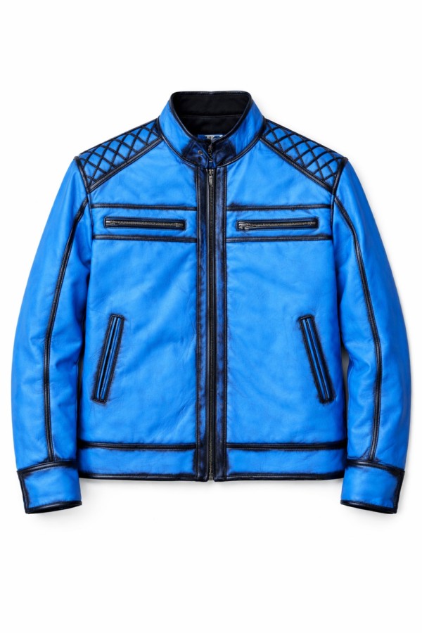 Men’s blue leather biker jacket front view with quilted shoulders and zip pockets