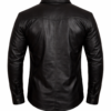 Back view of men’s black leather shirt jacket with clean panel design