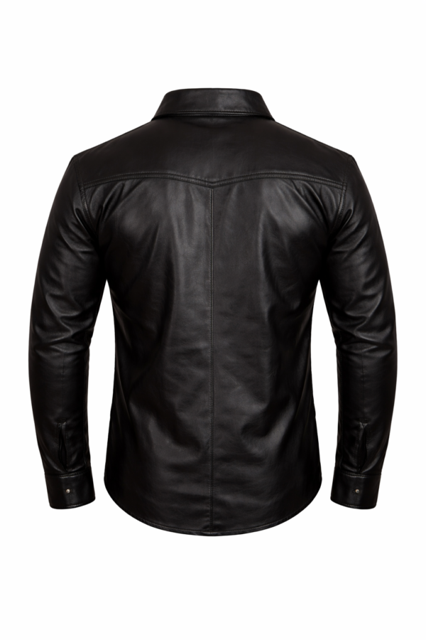 Back view of men’s black leather shirt jacket with clean panel design