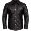 Front view of men’s black leather shirt jacket with snap buttons and chest pockets