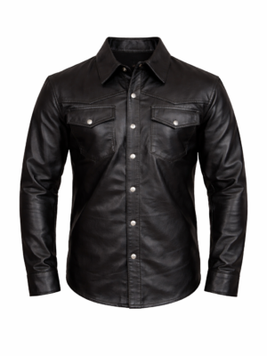 Front view of men’s black leather shirt jacket with snap buttons and chest pockets