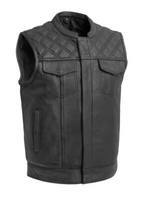 Men’s black quilted genuine leather biker vest with front pockets