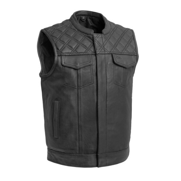Men’s black quilted genuine leather biker vest with front pockets