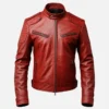 Front view of men’s red genuine leather biker jacket with cafe racer styling