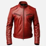 Front view of men’s red genuine leather biker jacket with cafe racer styling