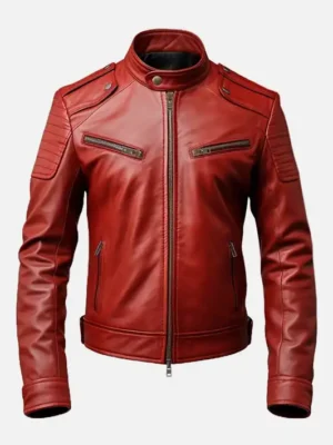 Front view of men’s red genuine leather biker jacket with cafe racer styling