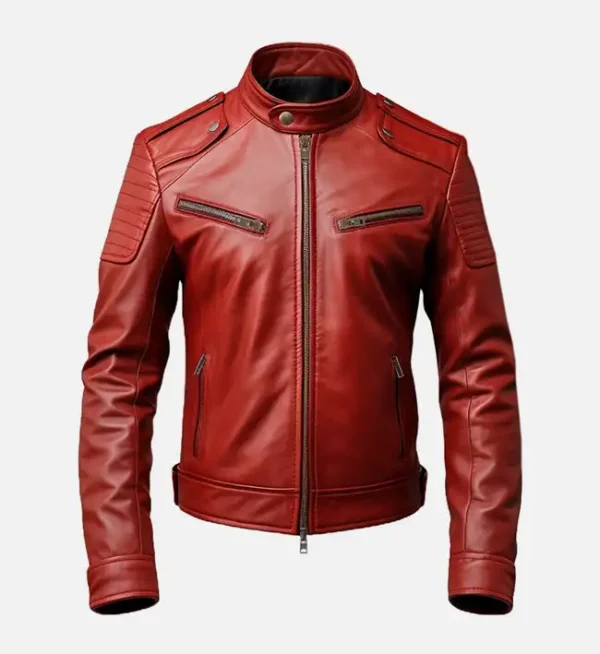 Front view of men’s red genuine leather biker jacket with cafe racer styling