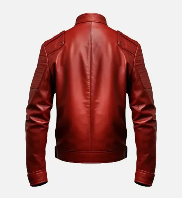 Back view of men’s red leather biker cafe racer jacket